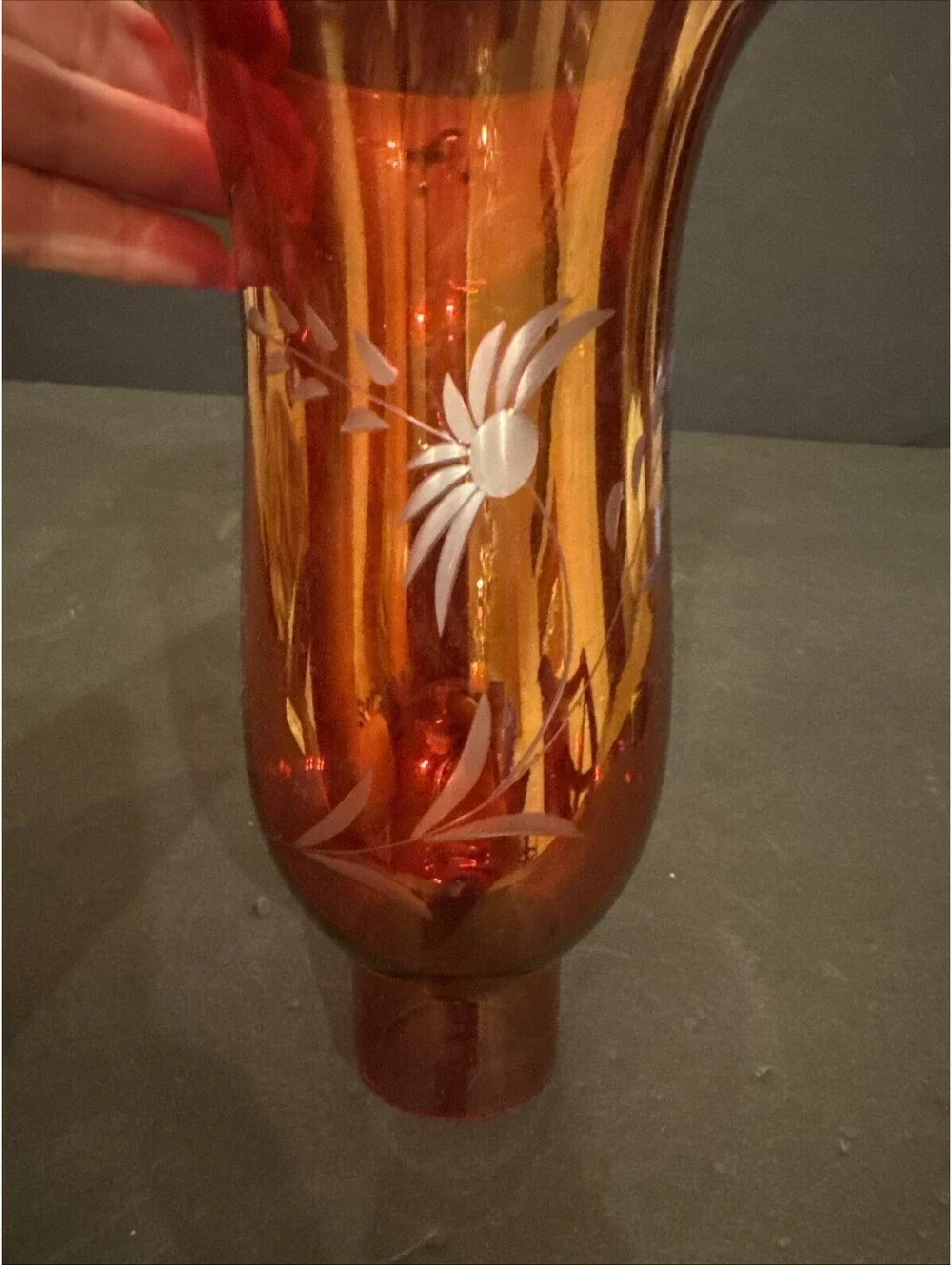 Cranberry Iridescent Etched Flower Hurricane Lamp Shade Candle Sconce 7 5/8” H